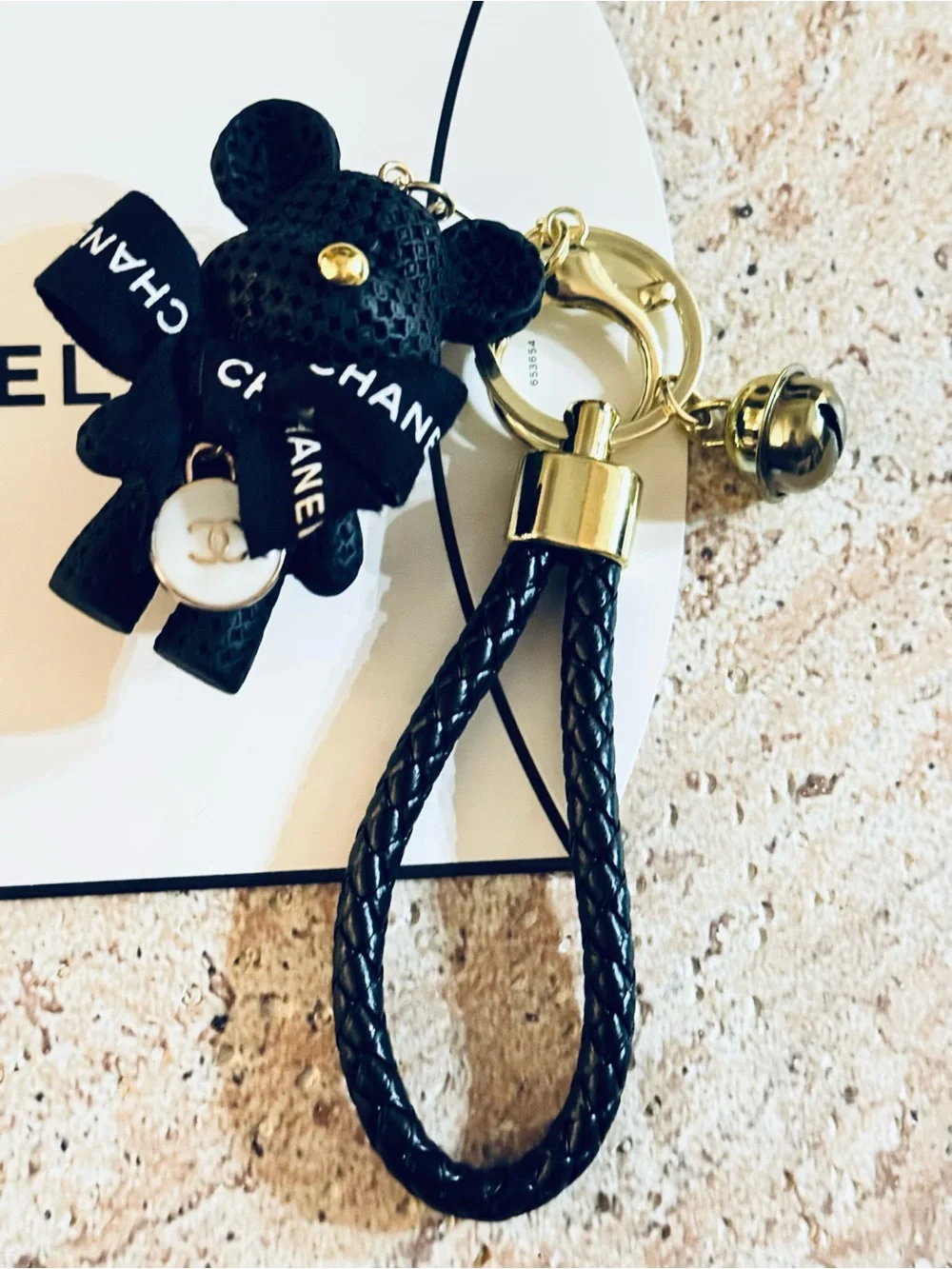 Fashion Bear Keychain w/ Authentic CC Zip Pull & Ribbon, Box & Camelia